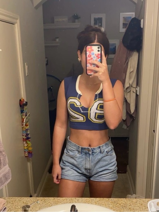 Brandy Melville Pants - Brandy Melville Blue Cropped Graphic Tank with White Trim